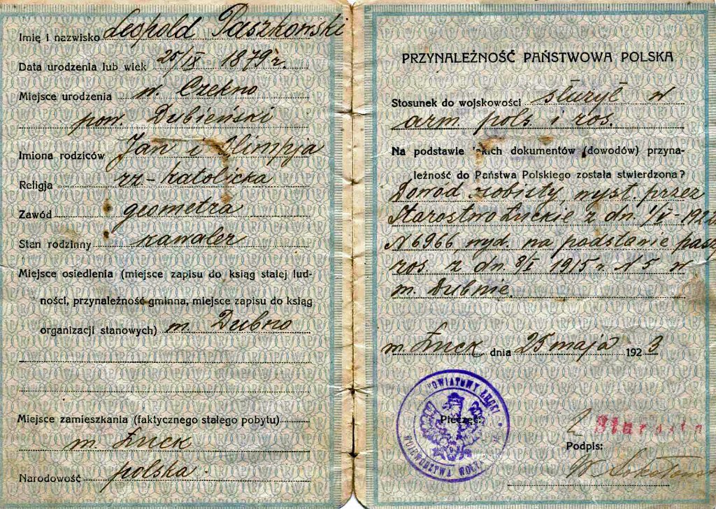 KKE 5929-3.jpg - Dok. Dowód Osobisty Leopolda Kleofasa Paszkowskiego (ur. 28 IX 1978 r. syn Jana i Olimpi), Łuck, 25 V 1923 r.